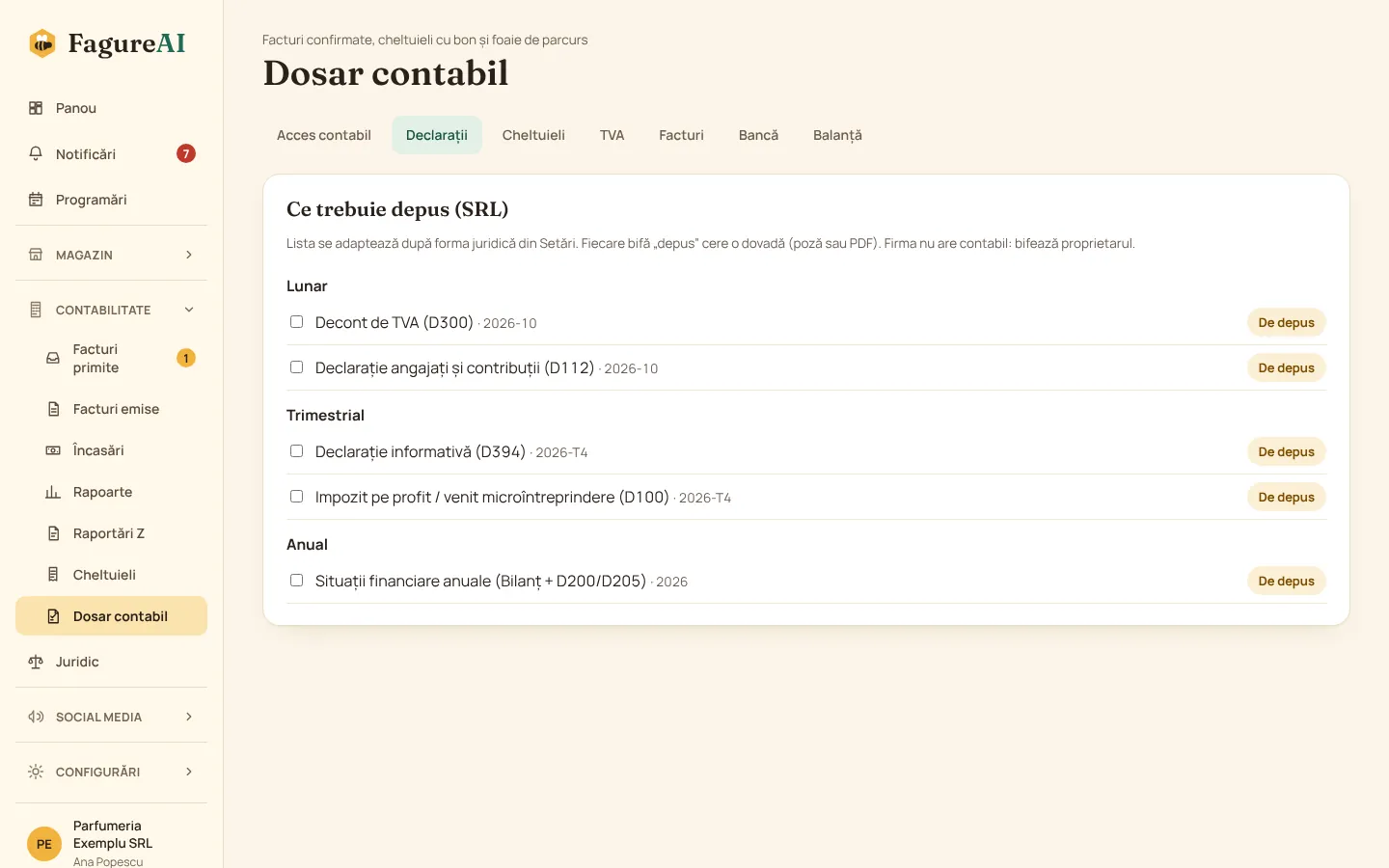 Dosarul contabil din FagureAI: documente pe luna curentă și ce a rămas de verificat