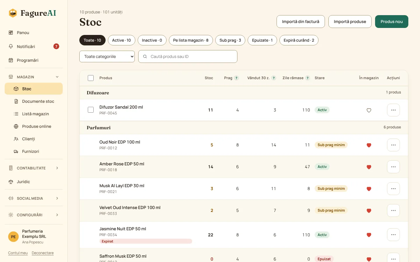 Lista de stoc FagureAI: produse cu cantitate, prag minim și alerte de culoare