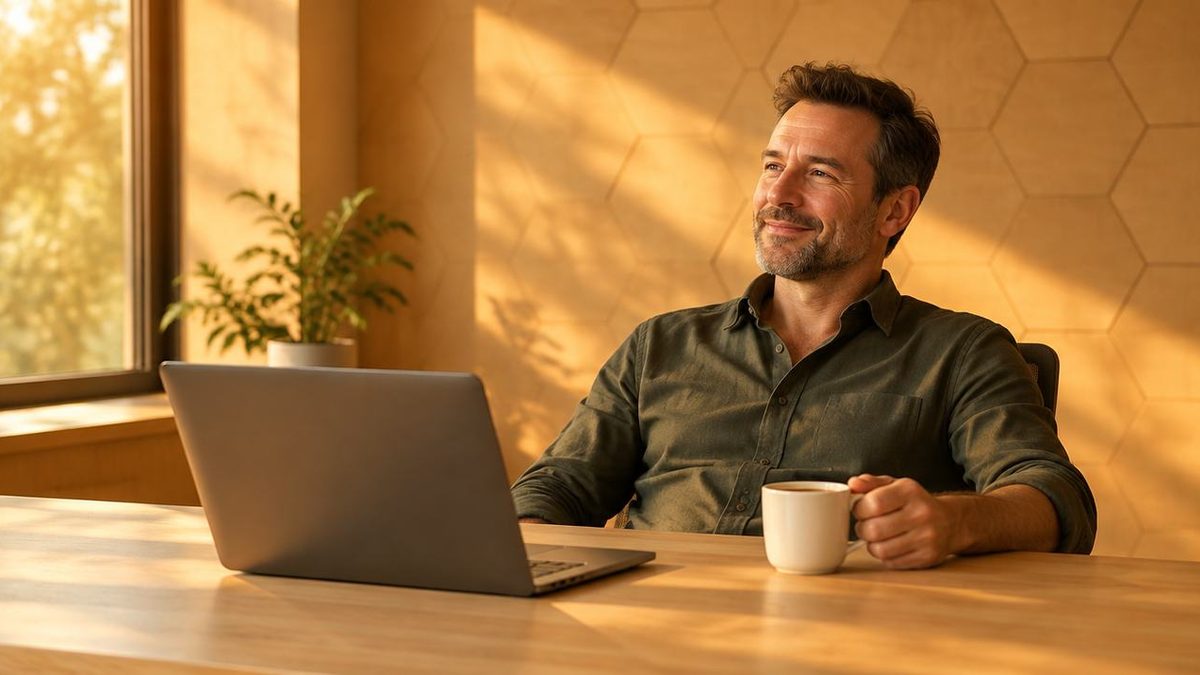 Un patron relaxat, cu o cafea lângă laptop, la un birou liber de hârtii, în lumină caldă.