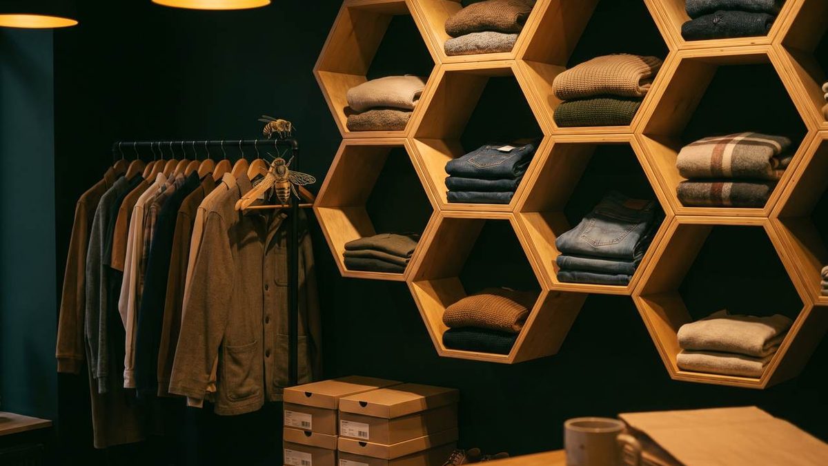 Magazin de îmbrăcăminte cu rafturi în formă de hexagon cu pulovere și blugi, un cuier cu haine și o tabletă pe tejghea.